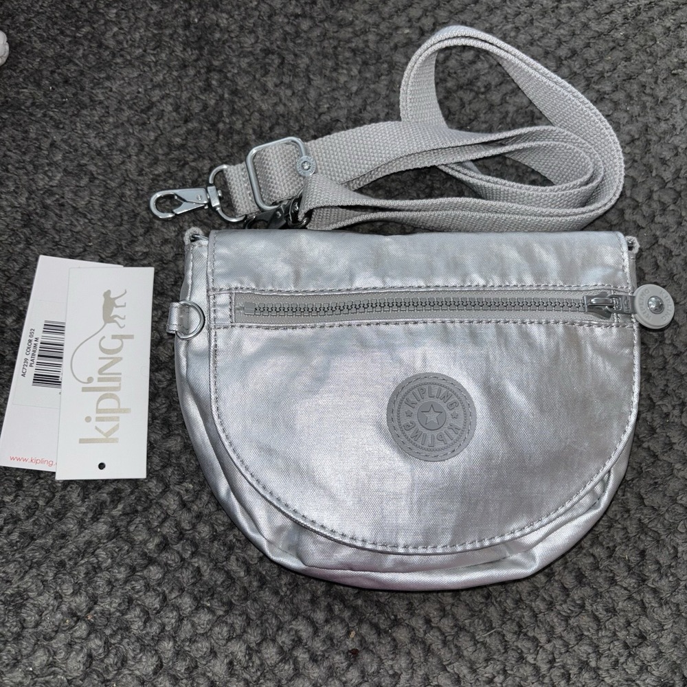 NWT Kipling AC7239 Platinum‎ Metallic Small Crossbody Bag Silver Nylon